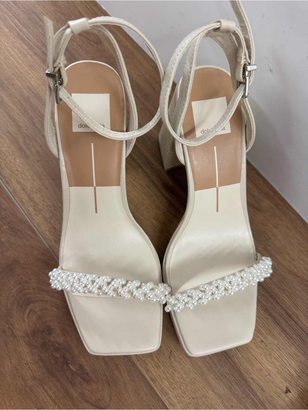 Dolce Vita Cream Pearl-Embellished Block Heel Sandals